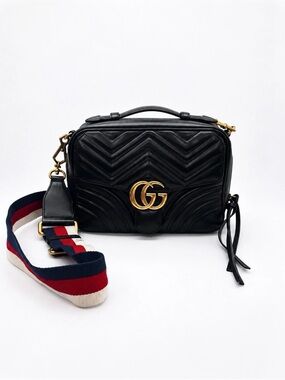 Gucci GG Marmont Matelassé Black Leather Shoulder / Camera Bag w/ Web Strap GHW